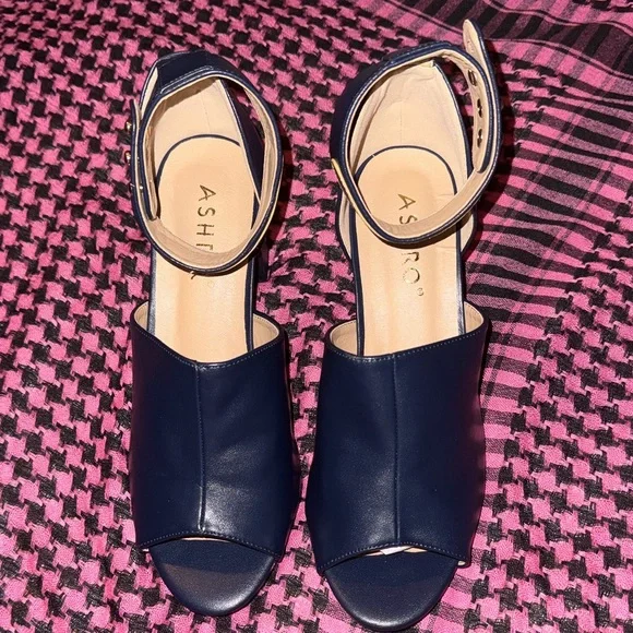 ASHRO Navy Blue Gold Shoes Womens Size 9 Chunky Heels Church Fancy Granny Style - Picture 3 of 13